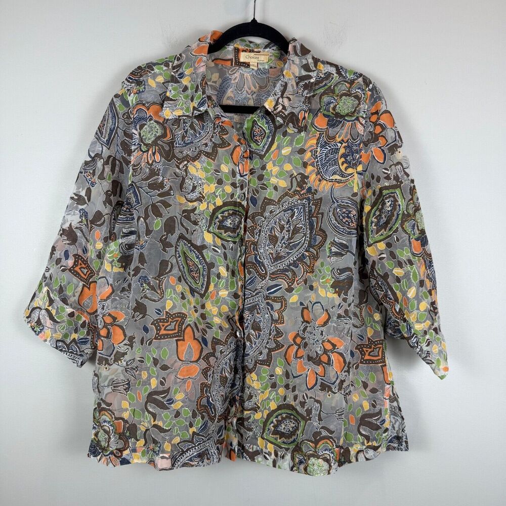 Choices Top Women 1X Multi Paisley Floral Semi sheer 3/4 Sleeve Button-Up Mature